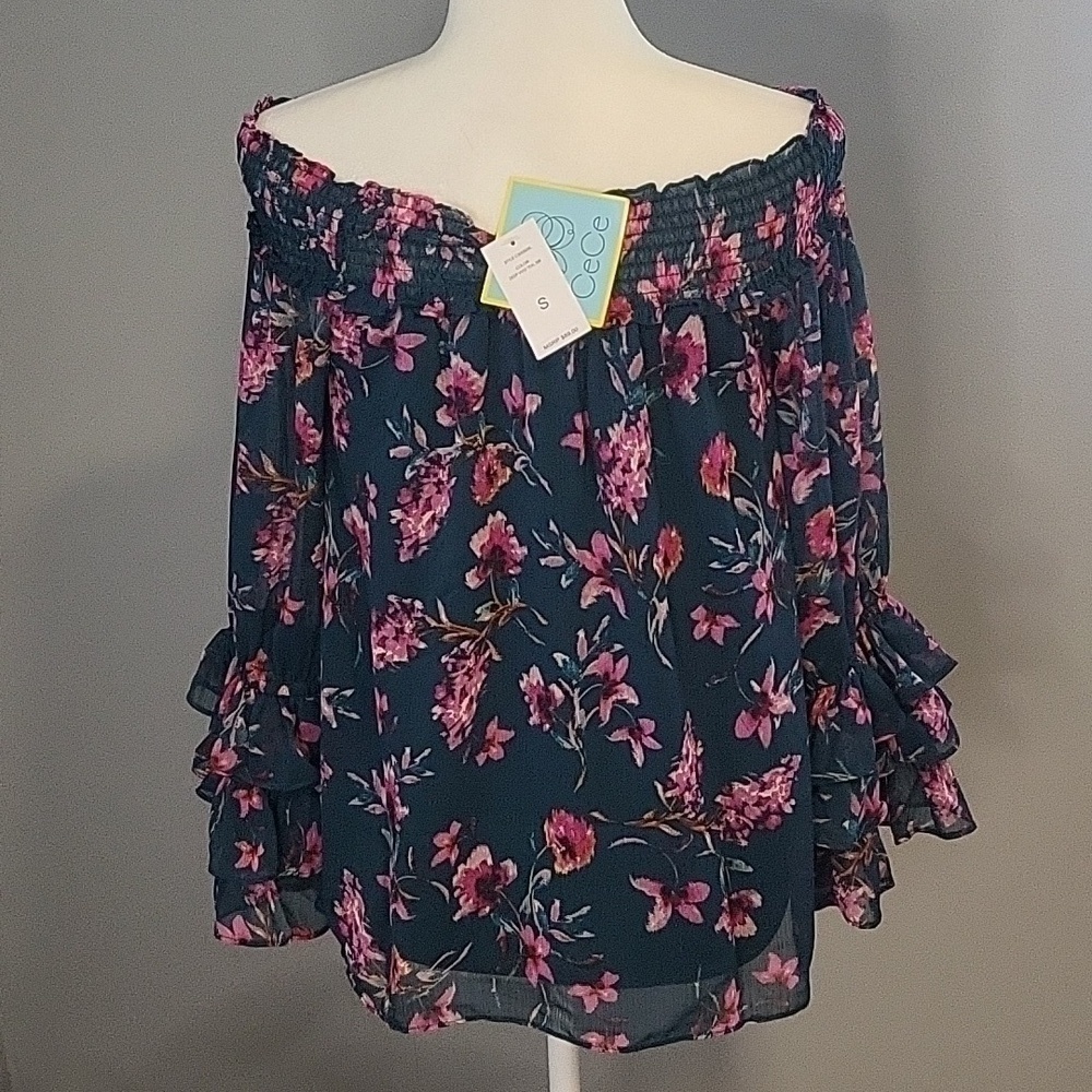 CeCe Floral On or Off The Shoulder Lined Sheer Sleeve Teal Pink Floral Top Sz S - Picture 3 of 9